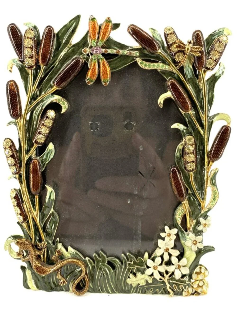 Folio Picture Photo Frame Enamel Crystal Dragonfly Cattail Floral Fauna 4x6”